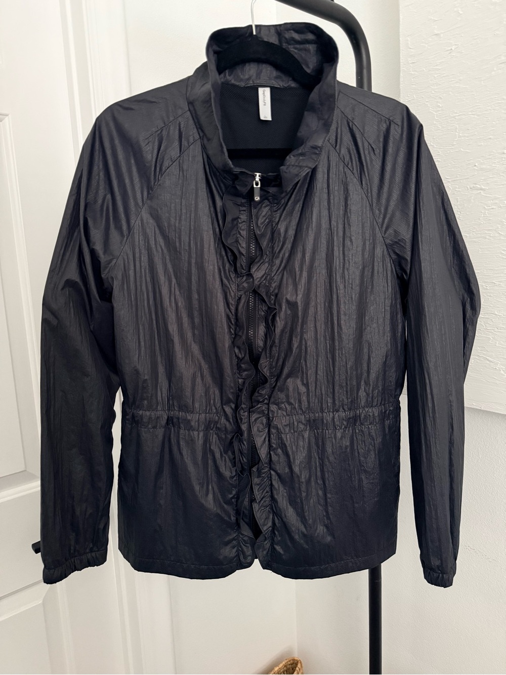 GAP Women's Black Zip-Front Lightweight Jacket With Ruffle Detail and Drawstring